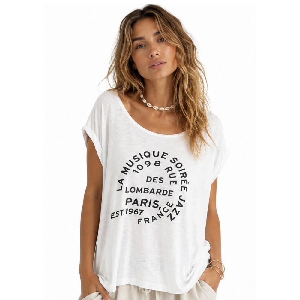 Maeve Anthropologie Graphic Tee L White Paris Jazz Cotton Oversized Boho Chic